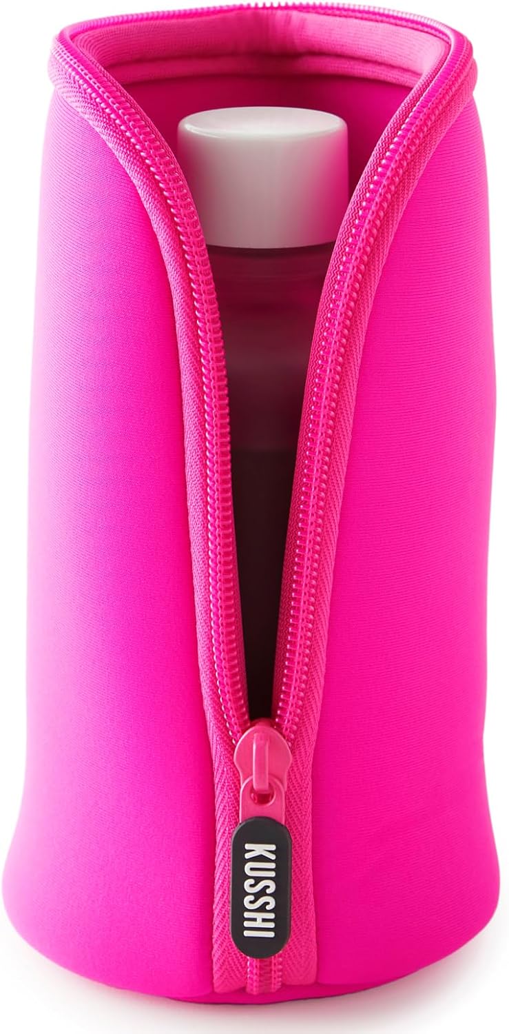 KUSSHI Glass Bottle Protector for Travel - Neoprene Small Pouches for Purse with Zipper - Holds Foundations, Serums, Perfumes & Delicate Bottles - Small Purse Pouch & Mini Makeup Pouch (Size S, Pink)