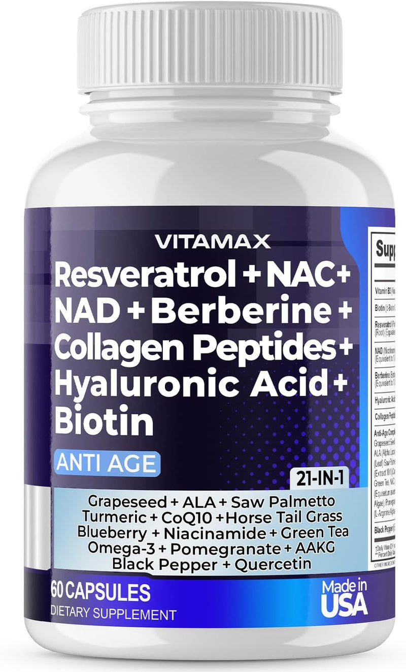 Resveratrol NAD+ Berberine Hyaluronic Acid - Biotin Grape & Blueberry + NAC - Collagen Peptides - Hair, Nail, Skin & Joint Supplement - 21-in-1 Women and Men - Made in USA (60 Count (Pack of 1) - 60 Count (Pack of 1)