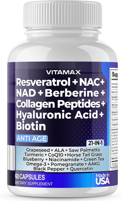 Resveratrol NAD+ Berberine Hyaluronic Acid - Biotin Grape & Blueberry + NAC - Collagen Peptides - Hair, Nail, Skin & Joint Supplement - 21-in-1 Women and Men - Made in USA (60 Count (Pack of 1) - 60 Count (Pack of 1)