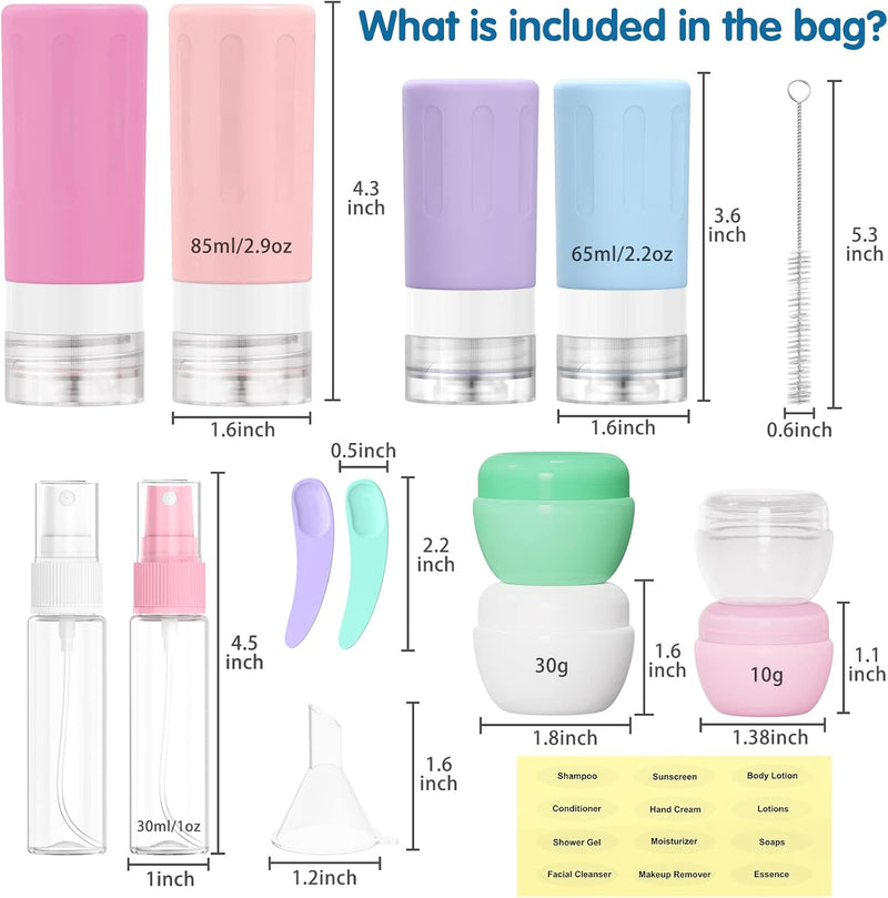 Travel Bottles for Toiletries - 16 Pcs Silicone Travel Size Containers - TSA Approved, Squeezable and Leak Proof Travel Accessories, BPA Free Refillable Bottles for Cosmetic Shampoo Conditioner Lotion