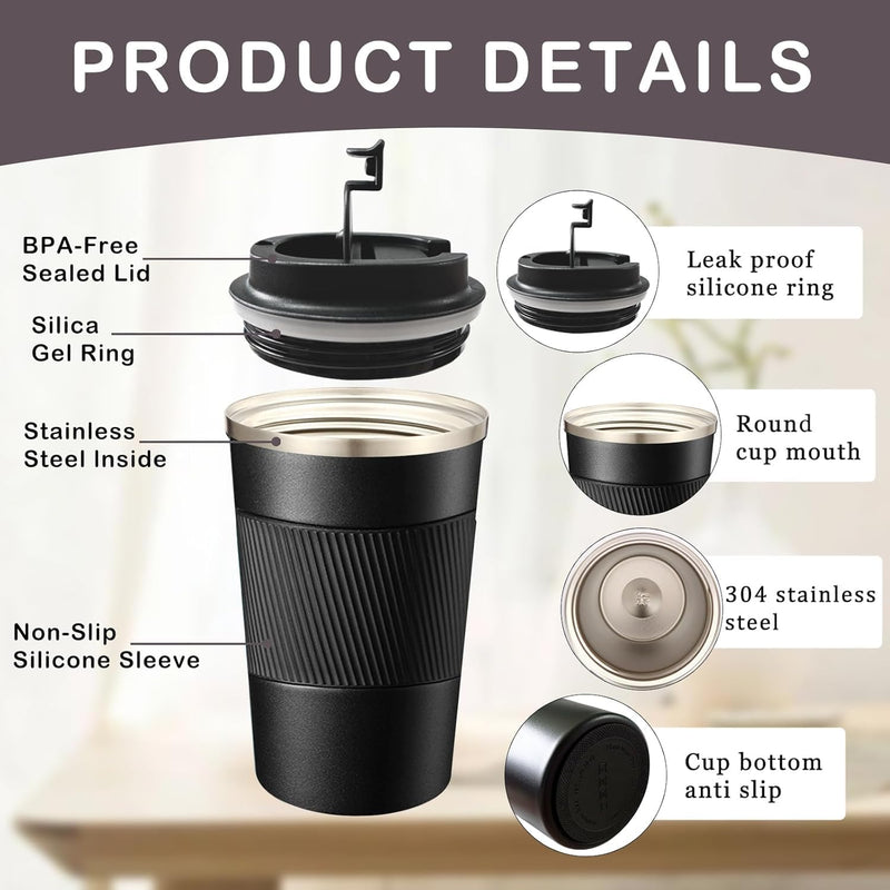 BuyOn Travel Coffee Tumbler Stainless Steel Double Wall Vacuum Hot and Iced Coffee Cup Hydro Flask Drinks Insulated Mug with Leakproof Lid for Home Office Gym Outdoor Work (WHITE, 380ML)