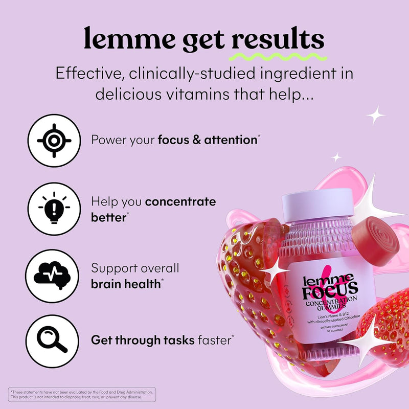 Focus Concentration & Brain Health Gummies with Cognizin Citicoline, Lion's Mane Mushroom, Vitamin B12 - Vegan, Gluten Free, Caffeine Free, Strawberry (50 Count)
