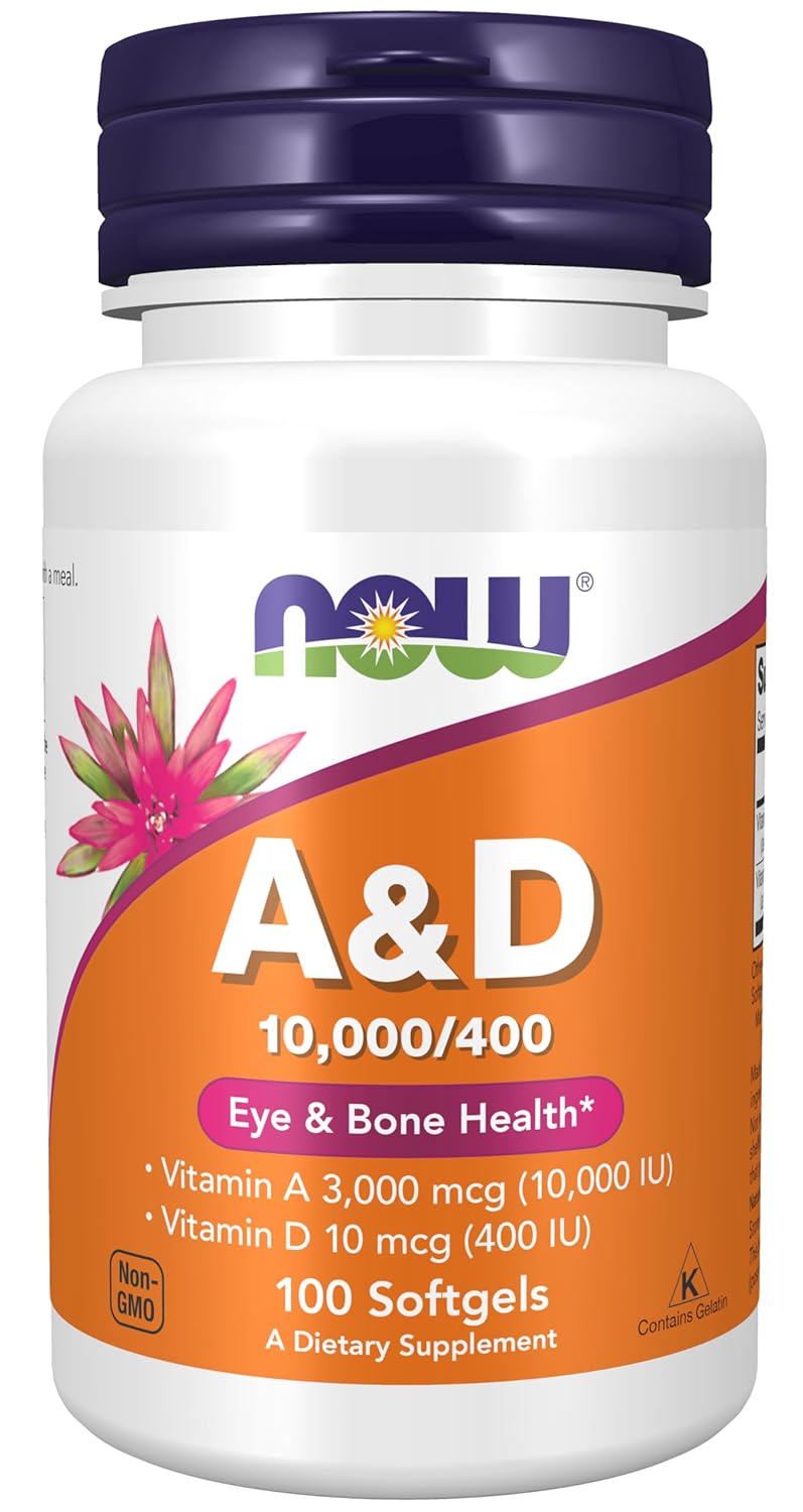 Now Foods Vitamin A & D - 10,000 & 400 IU 100 Softgels |Vitamin A 3,000 mcg (10,000 IU) | Vitamin D 10 mcg (400 IU) | Eye Health | Bone Health | Essential Nutrition
