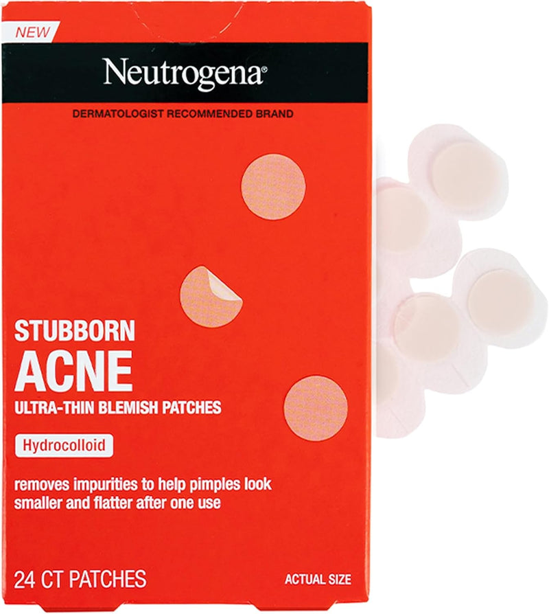 Neutrogena Stubborn Acne Blemish Patches, Ultra-Thin Hydrocolloid Acne Patch Absorbs Fluids & Removes Impurities To Help Pimples Look Smaller After One Use, 24 Patches, Clear, 24 Count