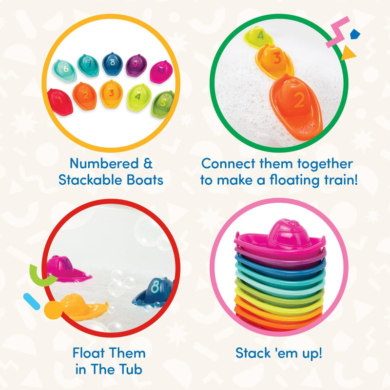 Battat 10 Bath Boats Numbered & Stackable Bathtime Toys Floating Toy Boats For The Bath, Pool, Beach Educational Toys 6 Months + Stackin Boats - Stacking Boats