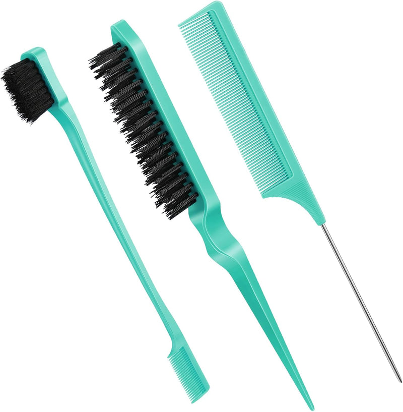 Geiserailie 3 Pcs Slick Back Hair Brush Set Bristle Brush Edge Control Teasing Comb for Women Black Hair(Black)