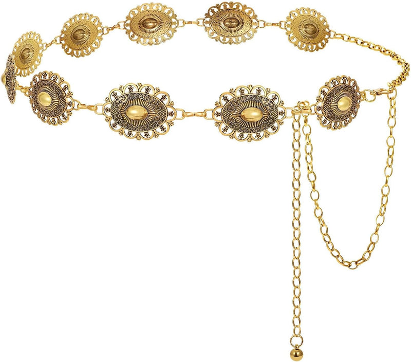 Western Metal Concho Belt for Women Cowgirl Boho Waist Chain Belt for Dresses Jeans Pants - gold