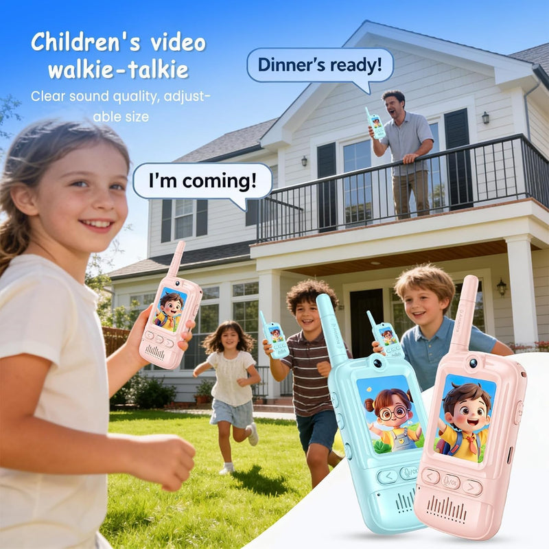 Kids Video Walkie Talkies Toys with Rotating Antenna, 2.0-Inch Screen & 500m Range, Dual-Camera Video Chat Without Wi-Fi, USB-C Rechargeable with Lanyard, Interactive Gift (Blue/Pink)