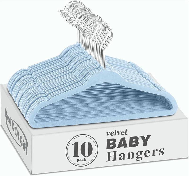 Red Dot Gift® 10-Pack Baby Velvet Hangers - Nursery Clothes Hangers Non Slip Toddler Hangers, 360 Chrome Swivel Hook (White, 28 cm)