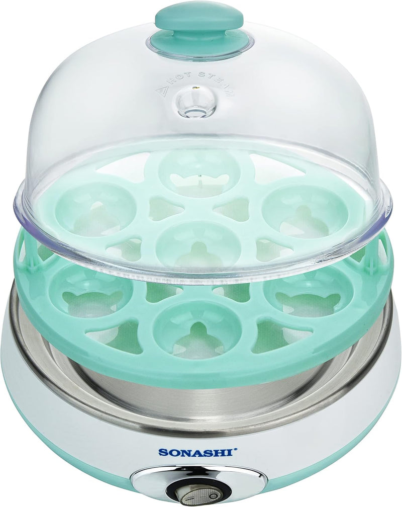 Sonashi Egg Boiler, 7 Egg Capacity Electric Egg Cooker, Stainless Steel Heating Plate, Overheat Protection, Egg Steamer, Easy-to-Use Egg Boiler 360W SEB-77 Blue/White