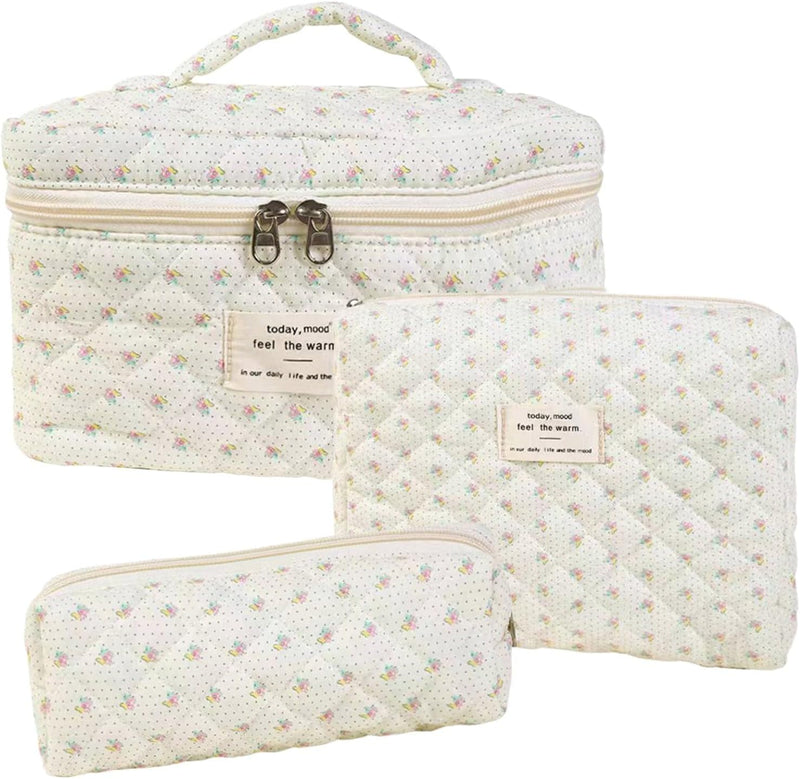 3 Pcs Cotton Quilted Makeup Bag Set,Floral Makeup Bag,Cute Makeup Bag,Travel Makeup Bag,Large Toiletry Cosmetic Bag Makeup Bag Organizer for Women Girls (H) - G