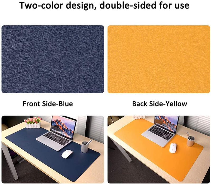 Large Desk Pad, Non-Slip Pu Leather Desk Mouse Pad Waterproof Desk Pad Protector, Dual-Side Use Desk Writing Mat For Office Home, 80Cm X 40Cm, Navy Blue&Yellow