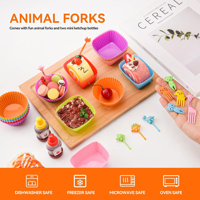 72 PCS Silicone Kids Lunch Box Dividers Set, 3 Shapes Multicolor Silicone Cupcake Cases Muffin Cases Baking Cake Molds Cup, Reusable Lunch Bento Box Accessories with Animal Food Picks for Kids Lunch