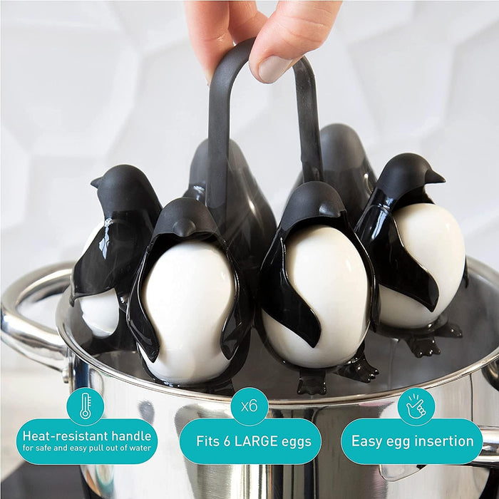 KASTWAVE Penguin-Shaped Boiled Egg Cooker, 3-in-1 Cook, Store and Serve Egg Holder for Making Soft or Hard Boiled Eggs, Holds 6 Eggs for Easy Cooking and Fridge Storage
