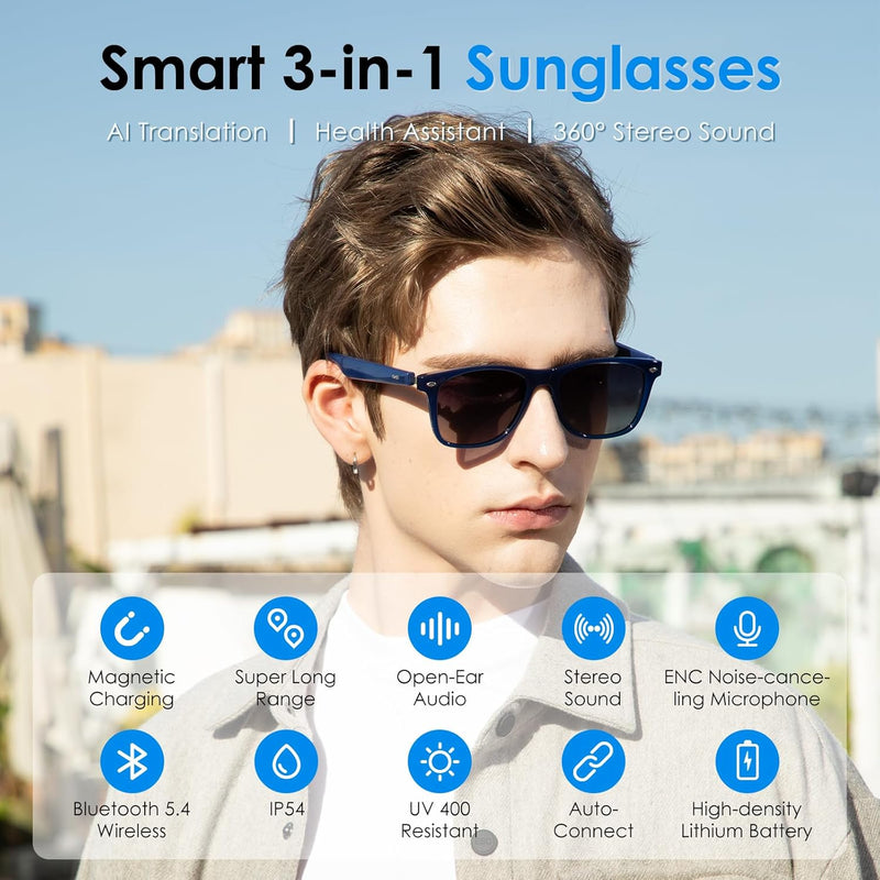 GetD AI Glasses, AI Assistant Powered by ChatGPT, Smart Glasses, Polarised Sunglasses, Bluetooth Smart Sunglasses for Men and Women, 2-in-1 Headphones and Glasses