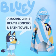 Bluey Hooded Towel Boys Girls Poncho 100% Cotton Kids Beach Towel Bath Towel Swimming Wrap Changing Robe - Blue