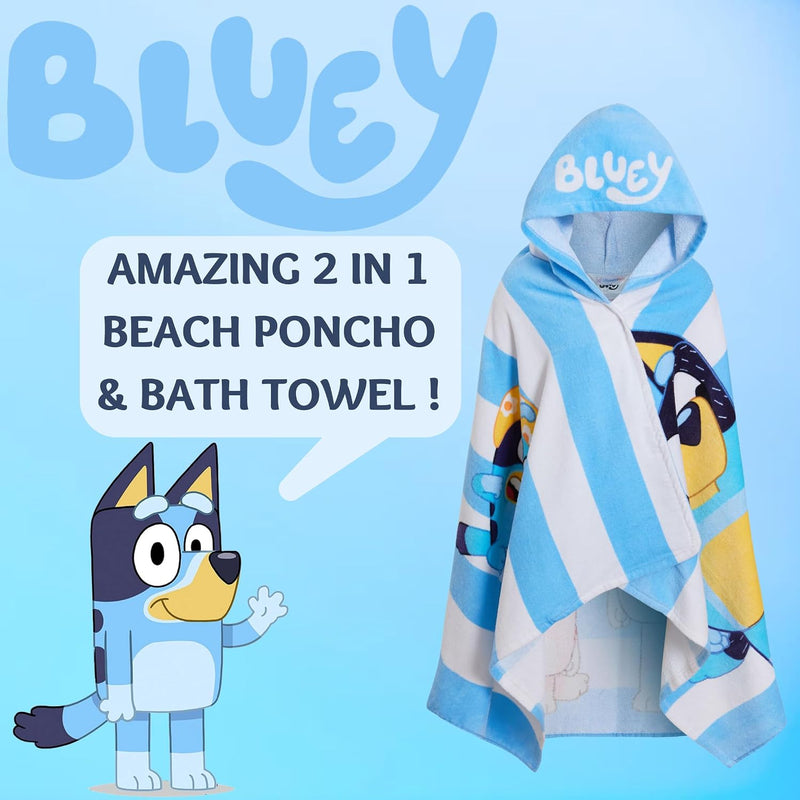Bluey Hooded Towel Boys Girls Poncho 100% Cotton Kids Beach Towel Bath Towel Swimming Wrap Changing Robe - Blue