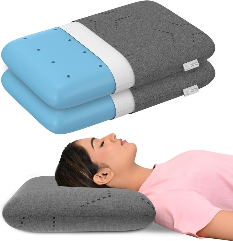 MY ARMOR Ventilated Cool Gel Memory Foam Pillows for Sleeping, Orthopedic Pillows for Neck Pain Relief (White Cover, Cool Gel Thin (pack of 1)) - Cool-Gel Pillow with Grey Cover Queen (Pack of 2)