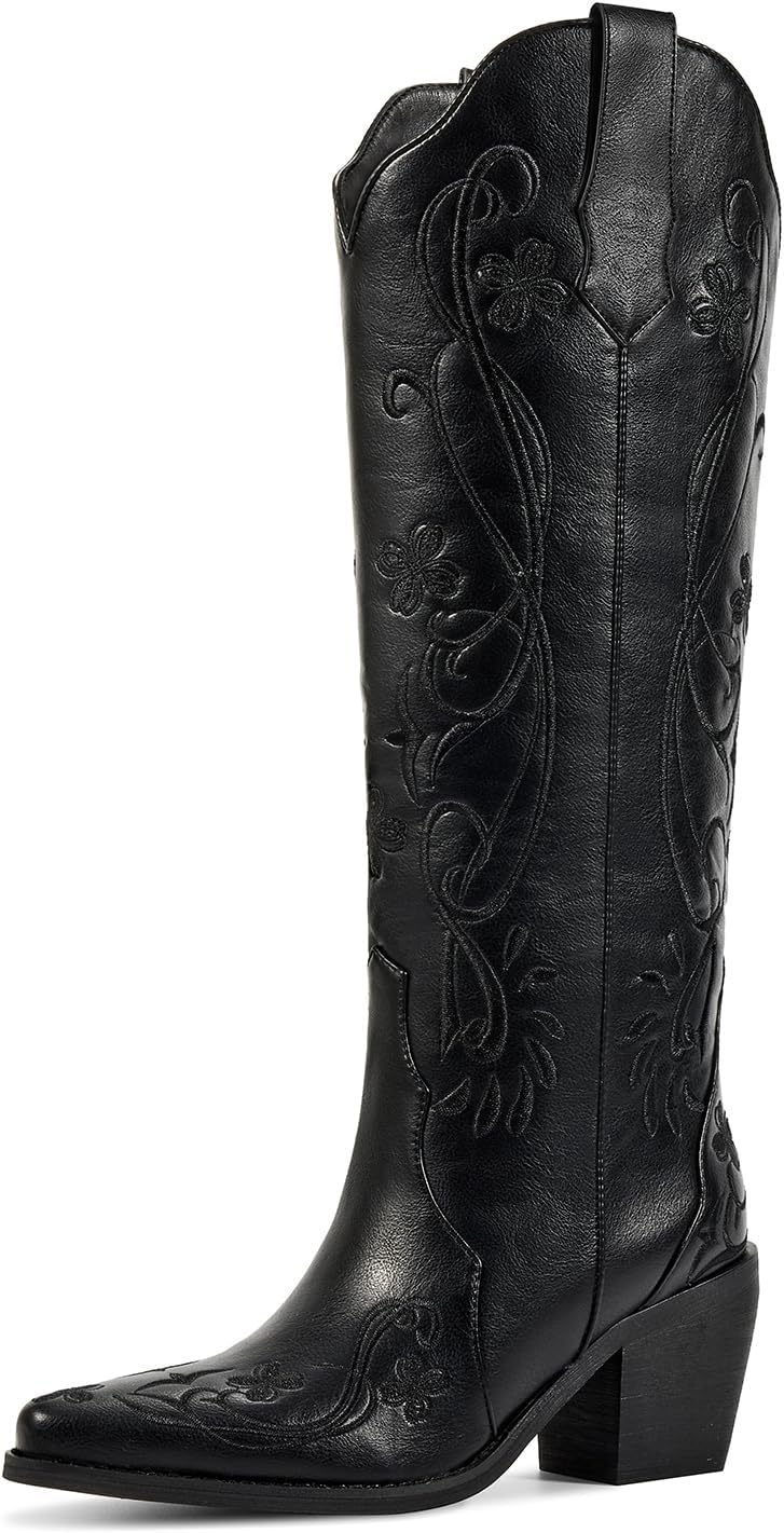Platform Boots for Women, Heeled Combat Boots Chunky Heel Booties Round Toe Lace Up High Heel Ankle Boots - Classic Black Floral