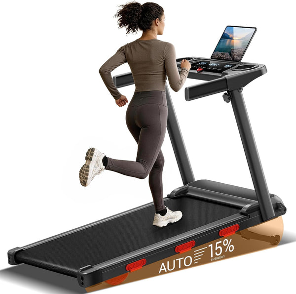 CURSOR 15% Auto Incline Treadmills for Home, 10S Folds Away Portable Treadmill with Led Screen & Handle Bar Up to 300LBS Capacity, 3.0HP 7-Layer Shock-Absorbing Walking Pad Treadmill 0.6-7.2MPH