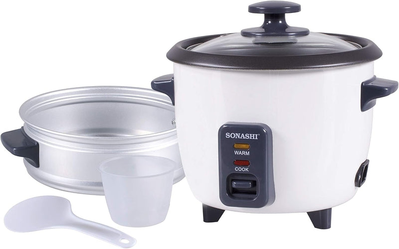 Sonashi 1.8 L Rice Cooker With Steamer SRC-318 - Tempered Glass Lid, Cool Touch Handle, Non-Stick Coating & Automatic Shut Off Function | Kitchen Appliance