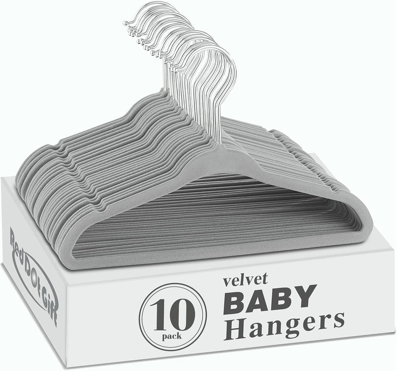 Red Dot Gift® 10-Pack Baby Velvet Hangers - Nursery Clothes Hangers Non Slip Toddler Hangers, 360 Chrome Swivel Hook (White, 28 cm)