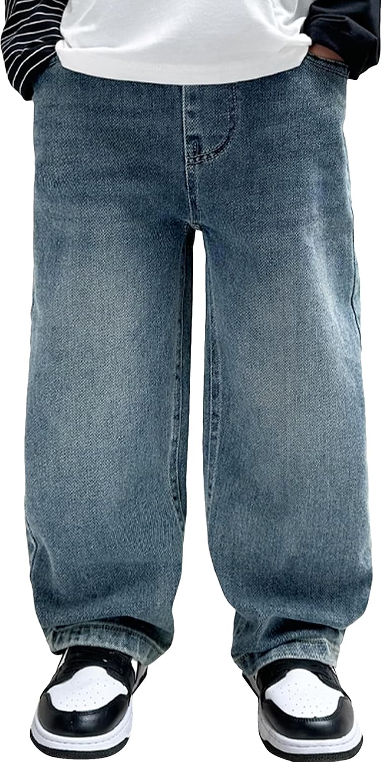 Boys Baggy Jeans Casual Straight Leg Stretchable Denim Wide Leg Loose Vintage for School - Blau