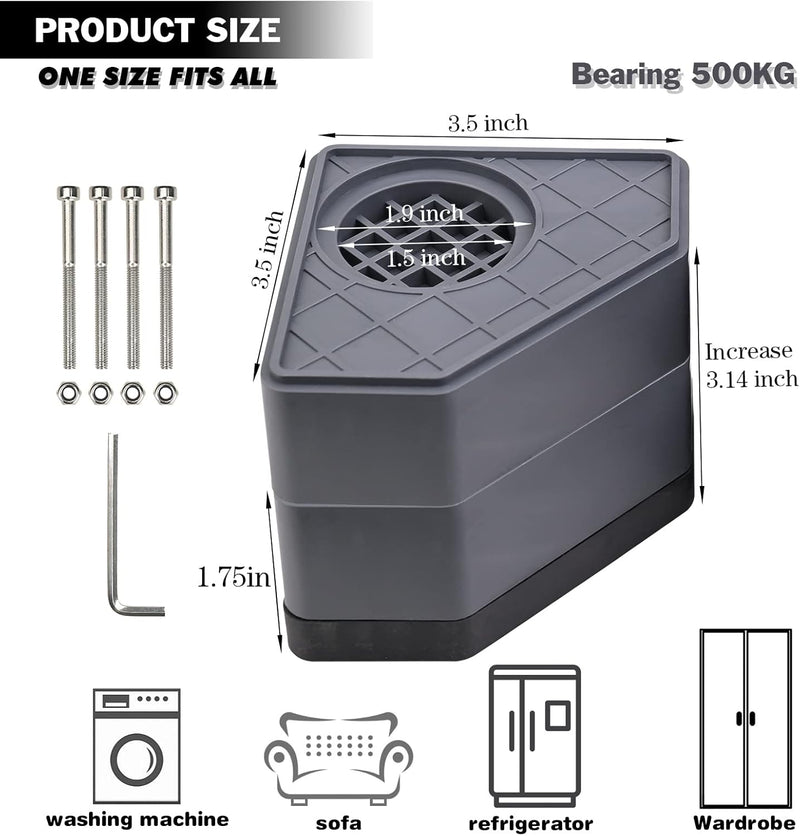 Sakolla Anti Vibration Pads for Washing Machine - Double Heighten Washer and Dryer Pedestals High Hard Wearing Square Rubber Foot Pads, Noise Cancelling and Shock Support Protects Pedestals