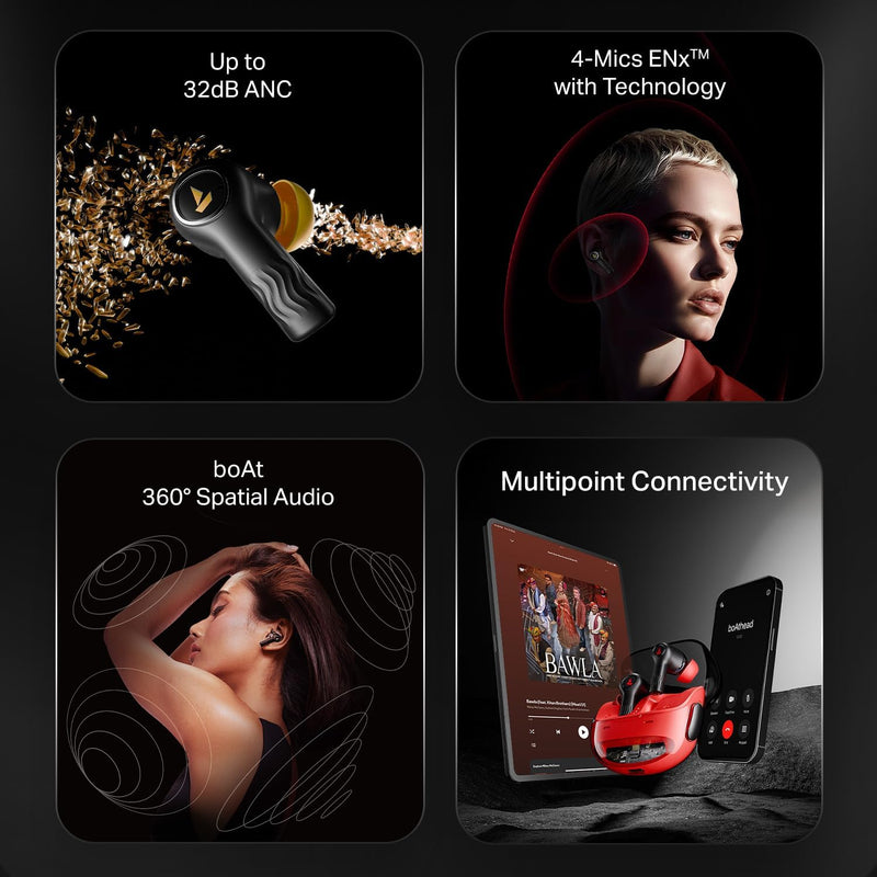 boAt New Launch Nirvana Crystl, Transparent Case,Spatial Audio, ANC(32dB), 100Hrs Battery,4Mics ENx, Dual Pair,App Support, Bluetooth Earbuds, TWS Ear Buds Wireless Earphones with mic (Quantum Black)
