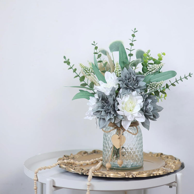 Faux Flowers with Vase, Artificial Silk Flowers in Vase, Fake Plant Eucalyptus and Willow,Flower Arrangement for Home Farmhouse kitchen Dining Table Centerpiece Decorations Table Decor (Grey Blue)