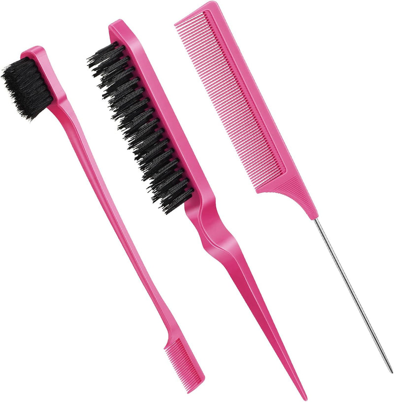 Geiserailie 3 Pcs Slick Back Hair Brush Set Bristle Brush Edge Control Teasing Comb for Women Black Hair(Black)