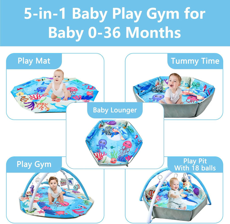 TFDER 7-in-1 Baby Play Gym, Infant Non-Slip Activity Blanket, Crawling Mat with Play Arch and Sensory Toys,Baby Toys 0+ Months,Black and White
