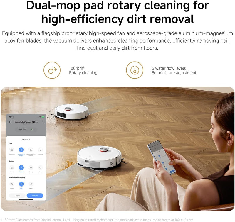 Xiaomi Robot Vacuum S40 Pro 15,000Pa Suction, Dual-Extending Arms, LDS Navigation, Smart Carpet Detection, App Control (S20+ Upgraded)