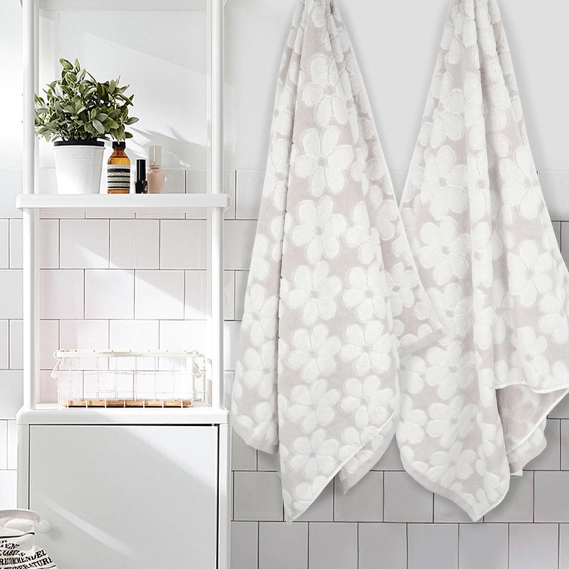 Jacquotha Soft Bath Towels 2 Pack, Super Absorbent Shower Towels 27.5x55 Inches, Cute Floral Jacquard Bathroom Towel Set, Cotton, Light Beige Brown