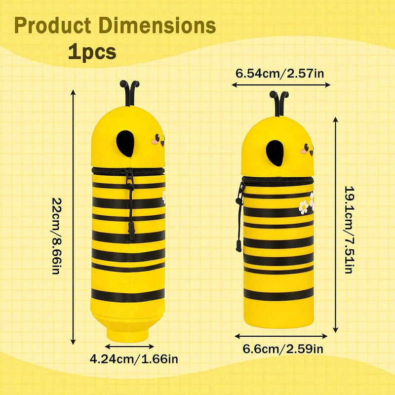 Little Bee Pencil Case 2 in 1, Kawaii Pen Case Soft Silicone, Cute Yellow Bee Table Pen Holder Pouch Pencil Case with Zipper for School Students Teens Girls Boys, Portable, Lightweight, Durable
