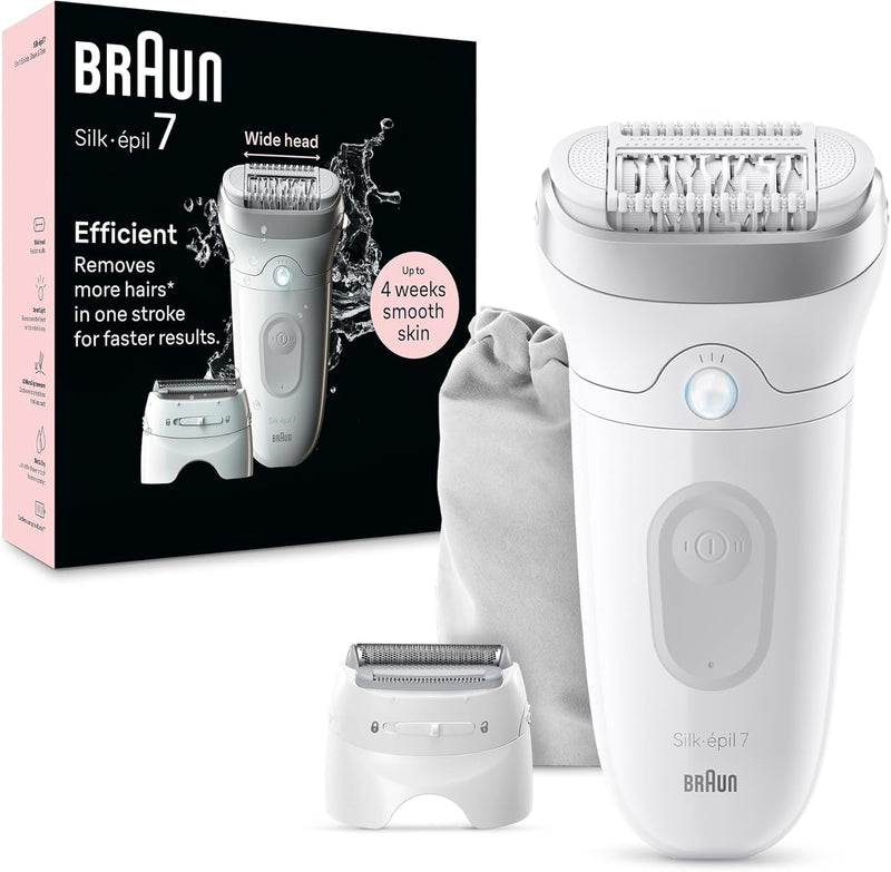 Silk-épil 7 SkinSpa 7-081 All in One Wet & Dry Epilator, Exfoliation Brush, Massage Pad, Wide Head, Shaver & Trimmer Head, German Made, +6 Extras, Rechargeable Hair Removal Device - White - SE 7-041
