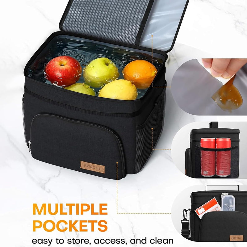 Insulated Lunch Box for Men & Women - Leak-Proof Cooler Lunch Bag with 4 Pockets, Adjustable Strap, Ideal for Work, Picnic, Travel - Medium, Black