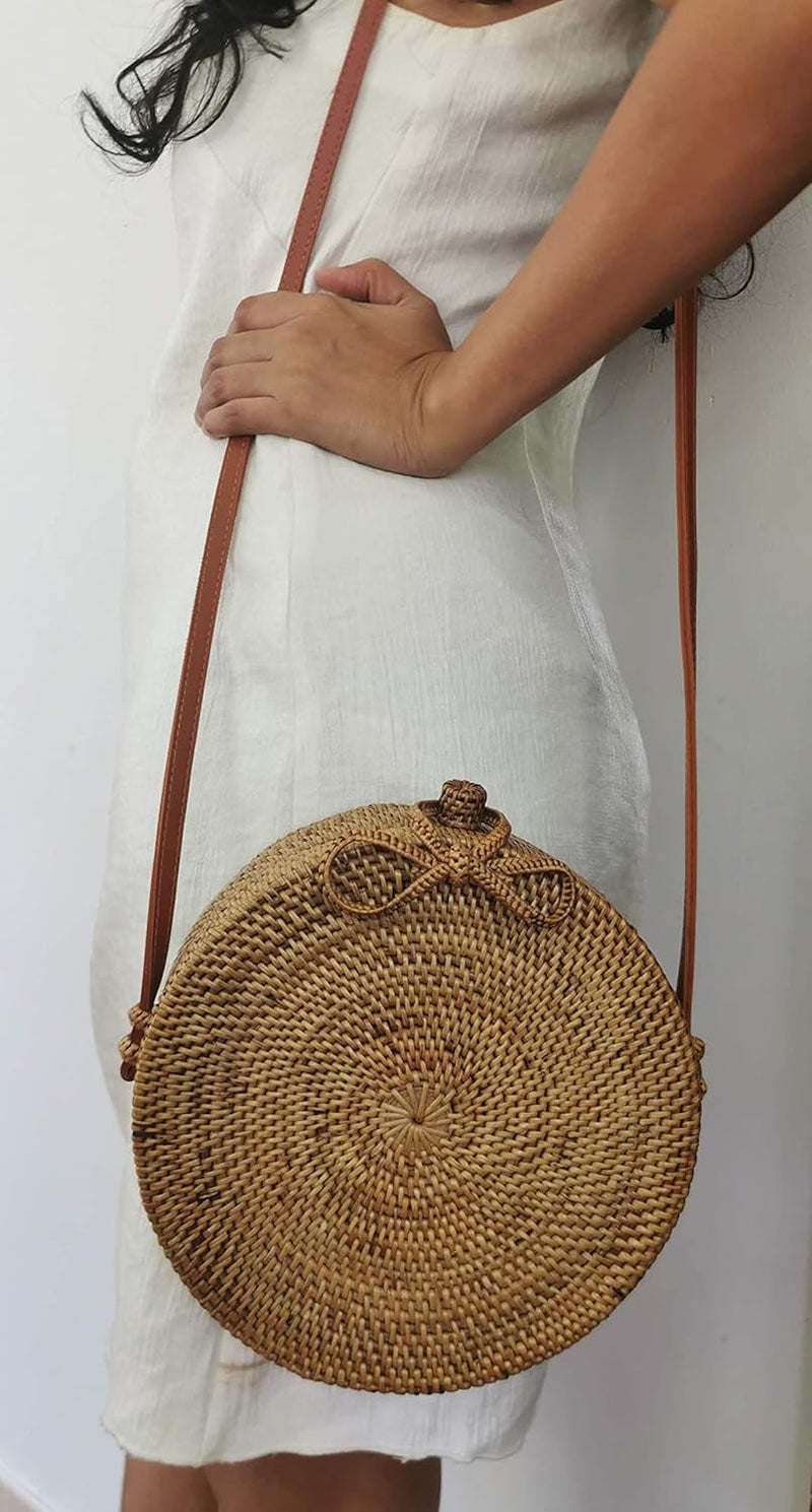 Ayra ethnic rattan cane sling bag with leather strap