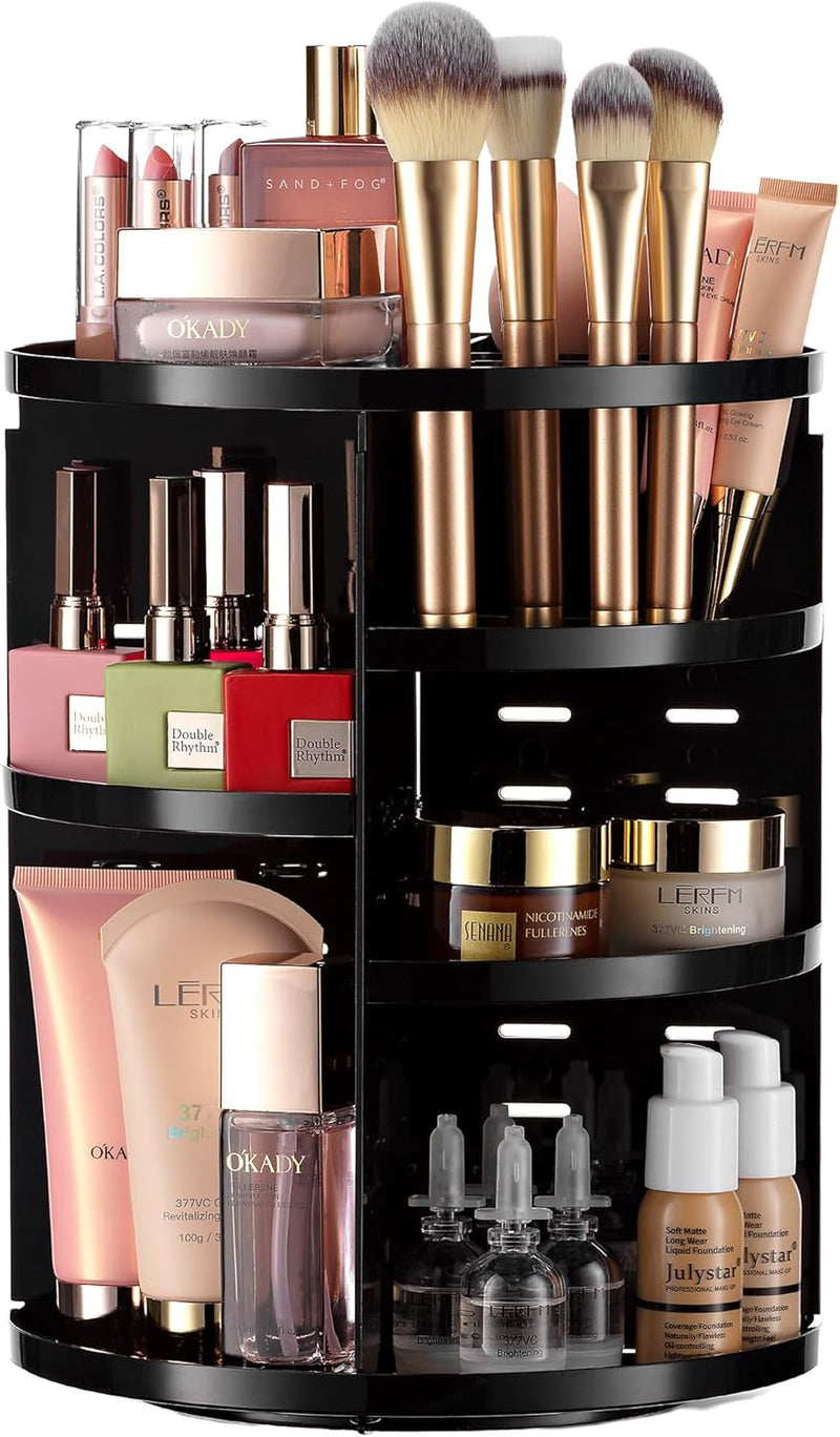 Masirs 360 Rotating Makeup Organizer - Adjustable Shelf Height and Fully Rotatable. The Perfect Cosmetic Organizer for Bedroom Dresser or Vanity Countertop. (Black) - Black
