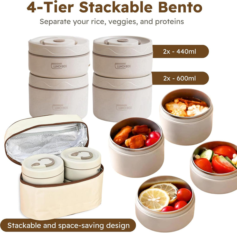 Stainless Steel Lunch Box 4pcs Set, 3-Layers of Insulation Leakproof Box with Thermal Insulated Lunch Bag, 304 Steel Containers Stackable & Perfect for Work, School, Travel, Picnics
