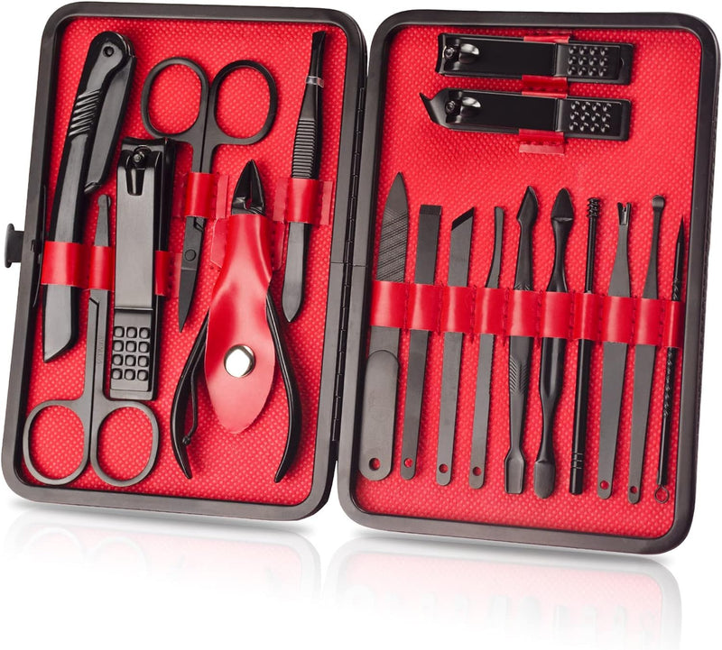 McMola Manicure Set, 18pcs Nail Clippers Pedicure Kit Nail Care Kit Manicure Professional Tools Gift for Men Women Friends and Parents (Black & Red)
