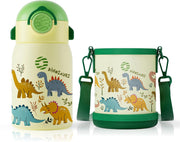 Stainless Steel Water Bottle for Children 400 ml + Cover, No Leak/BPA-Free Thermal Bottle with Straw for School and Sports - Dinosaur 400 ml