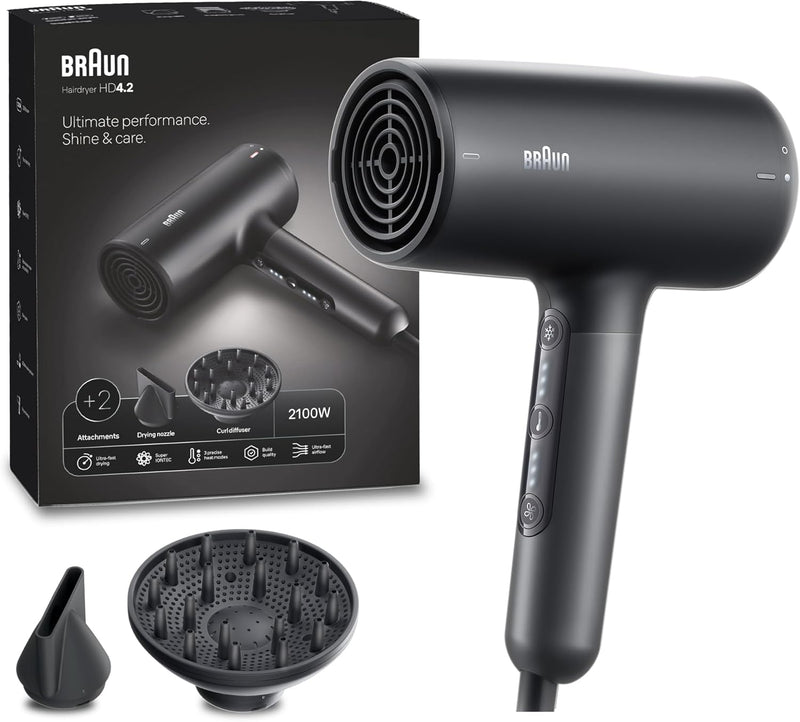 Braun Hair dryer HD4.2 Ultimate Performance, Shine & Care, HTDC Motor, 2100 Watts, Electronic Touch Control, with 2 Attachments Drying Nozzle, Curl Diffuser, BRHD425SDE - Electro Grey. - HD4.2