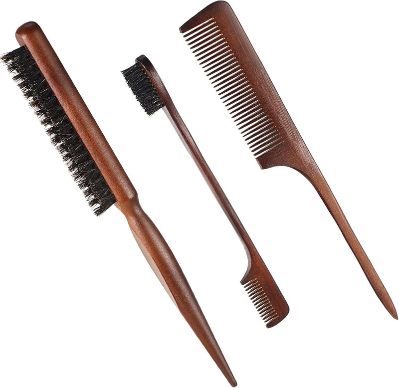 Geiserailie 3 Pcs Slick Back Hair Brush Set Bristle Brush Edge Control Teasing Comb for Women Black Hair(Black)