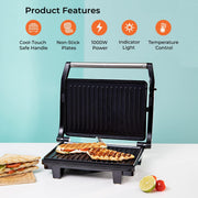 Stainless Steel Panini Grill Maker with Non-Stick Plates, Cord-Warp for Storage, Drip Tray, Indicator Lights for Power and Ready - 2 Year Warranty