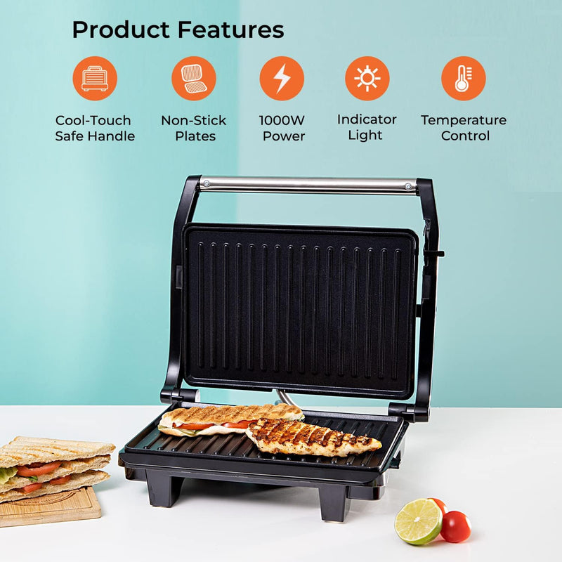 Stainless Steel Panini Grill Maker with Non-Stick Plates, Cord-Warp for Storage, Drip Tray, Indicator Lights for Power and Ready - 2 Year Warranty