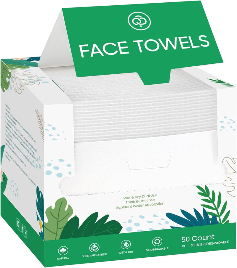 Disposable Face Towels Extra Large, 50 Count Daily Facial Washcloth, Biodegradable Towels, Makeup Remover Dry Wipes, Thick Soft Clean Facial Towels for Sensitive Skin (1 Pack)
