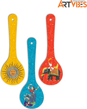 Artvibes Rajasthani Culture Wooden Wall Hanger for Home | Office | Living Room | Gift | Modern Decoration Items | Kitchen Wall Decor | Home Decor Hanging Items (WH_5012N), Set of 3