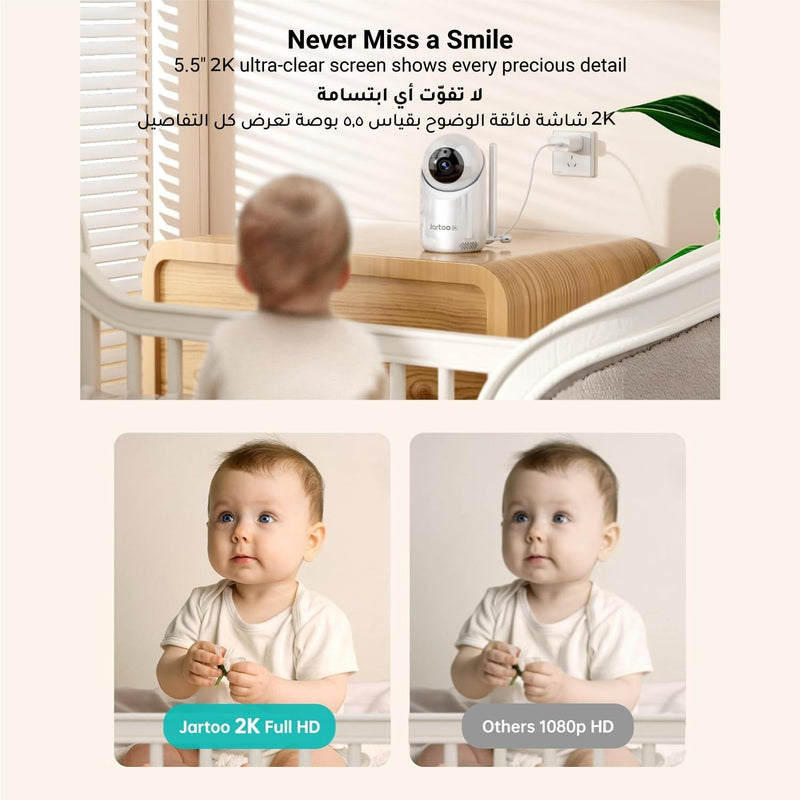 Jartoo 2K Video Baby Monitor with Camera and Audio, 1860ft Long Range Baby Monitor No WiFi 5.5" FHD Screen ANC Baby Camera Wireless, Feeding Clock, Night Vision, 2-Way Talk, AI Cry Detect, 6000mAh