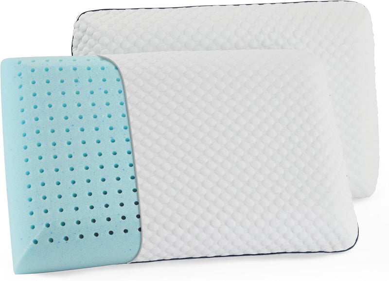 Weekender Gel Memory Foam Pillow Cooling & Ventilated - 2 Pack King Size - Premium Washable Cover White, Blue - King 2 Pack